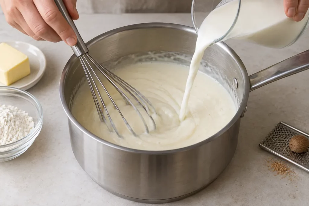 Geste pour Gratin de coquillettes courtes au jambon et à la béchamel Geste pour Gratin de coquillettes courtes au jambon et à la béchamel — illustration