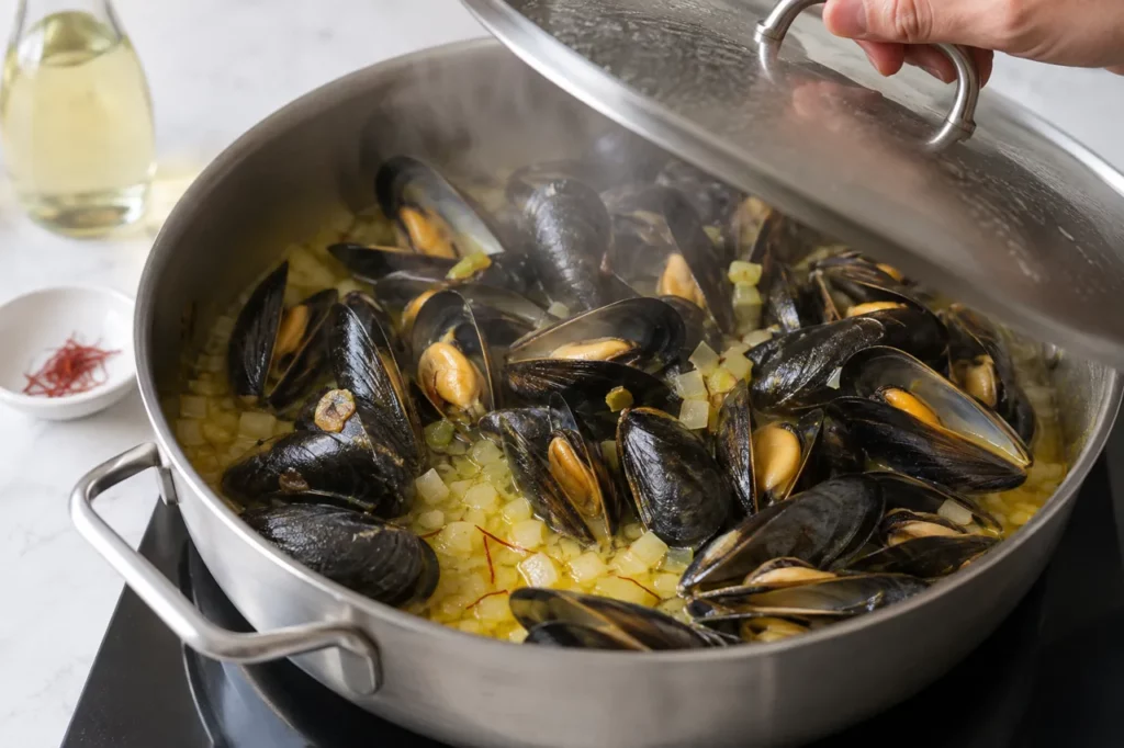 Geste pour Tagliatelles aux moules et au safran Geste pour Tagliatelles aux moules et au safran — illustration