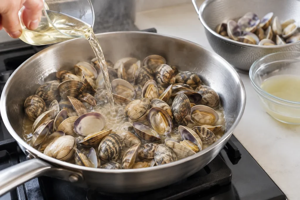 Geste pour Linguine aux palourdes, ail et vin blanc Geste pour Linguine aux palourdes, ail et vin blanc — illustration