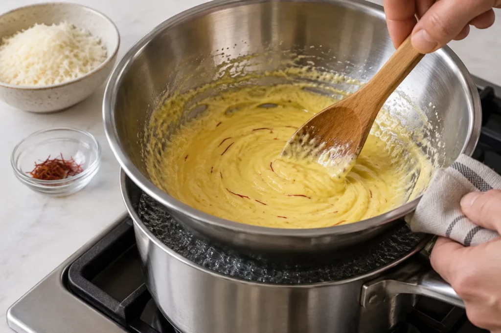 Geste pour Fusilli au pecorino, safran et sauge Geste pour Fusilli au pecorino, safran et sauge — illustration