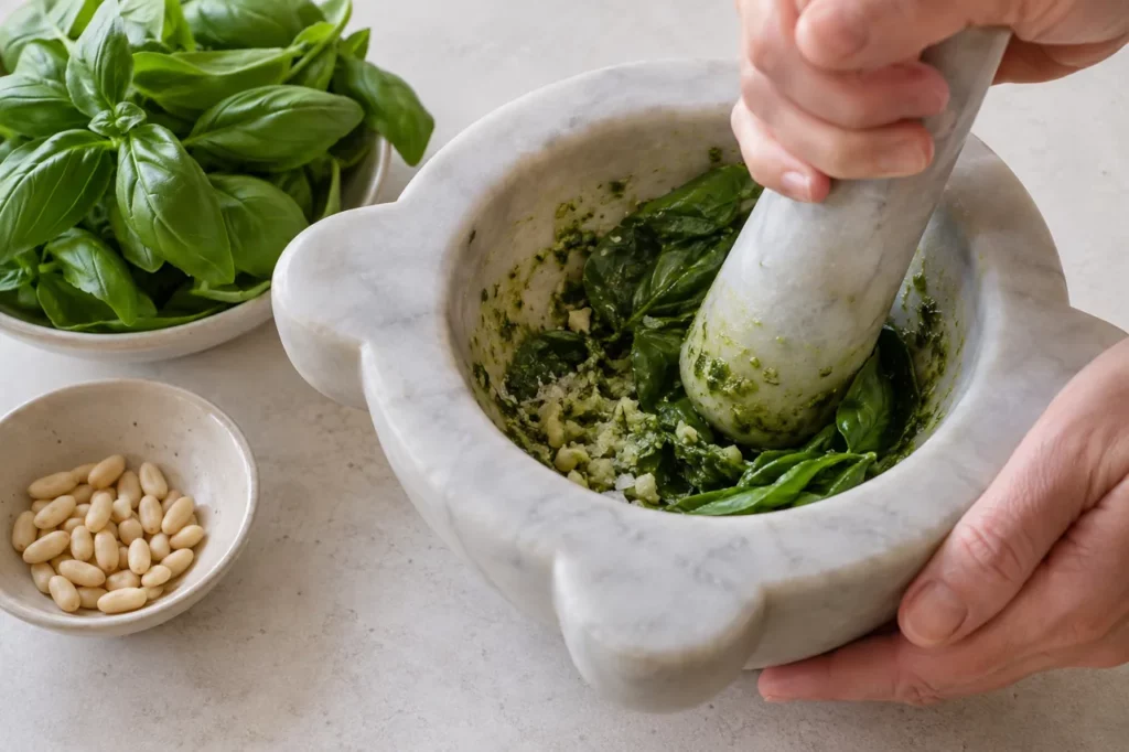 Geste pour Pesto génois au basilic Geste pour Pesto génois au basilic — illustration