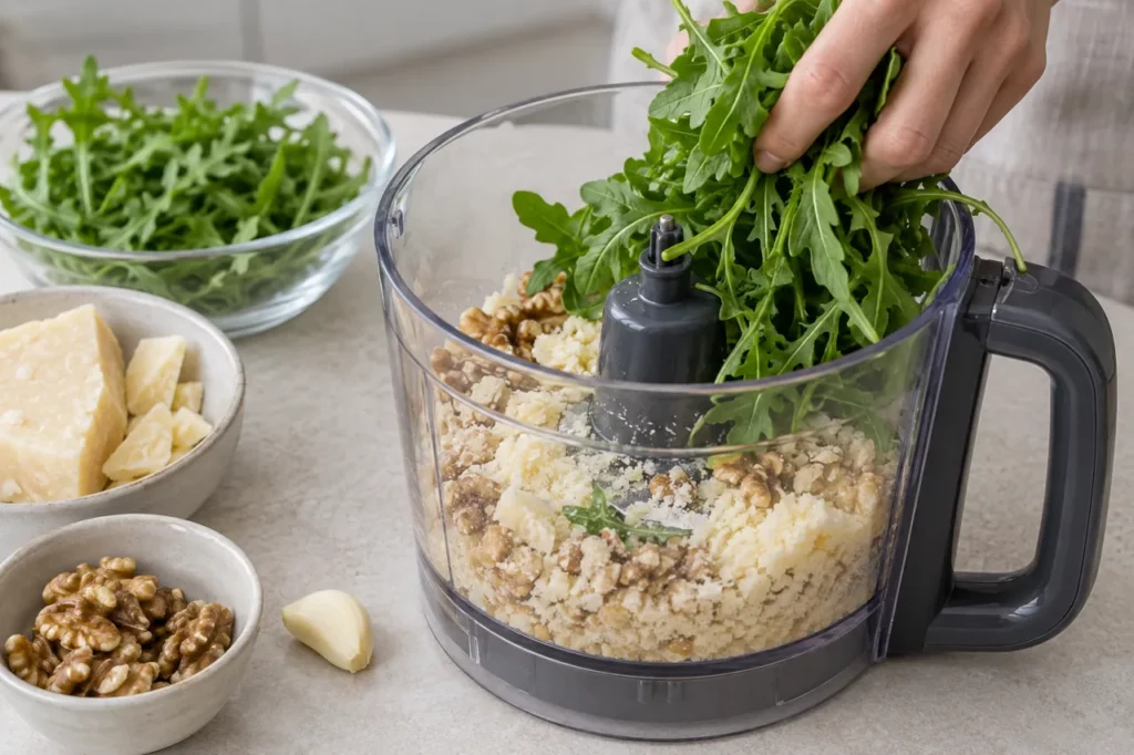 Geste pour Pesto de roquette et noix Geste pour Pesto de roquette et noix — illustration