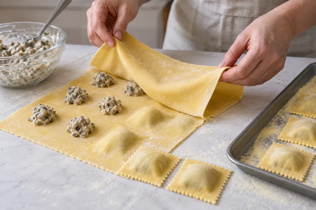 Geste pour Raviolis aux cèpes et au mascarpone Geste pour Raviolis aux cèpes et au mascarpone — illustration