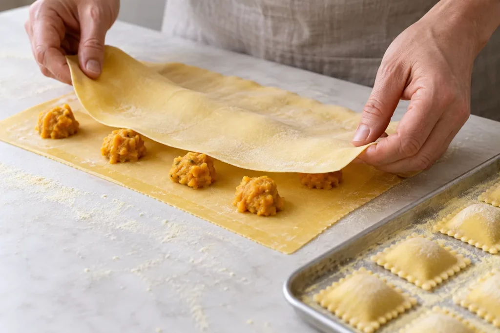 Geste pour Raviolis de courge à la truffe blanche Geste pour Raviolis de courge à la truffe blanche — illustration