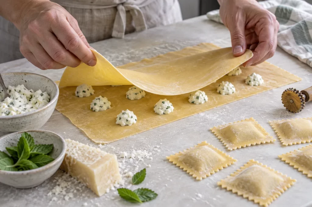 Geste pour Raviolis à la ricotta, champignons et menthe Geste pour Raviolis à la ricotta, champignons et menthe — illustration