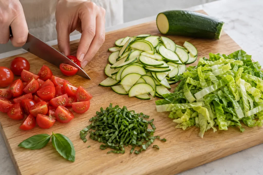 Geste pour Salade de penne, tomates cerises et courgettes Geste pour Salade de penne, tomates cerises et courgettes — illustration