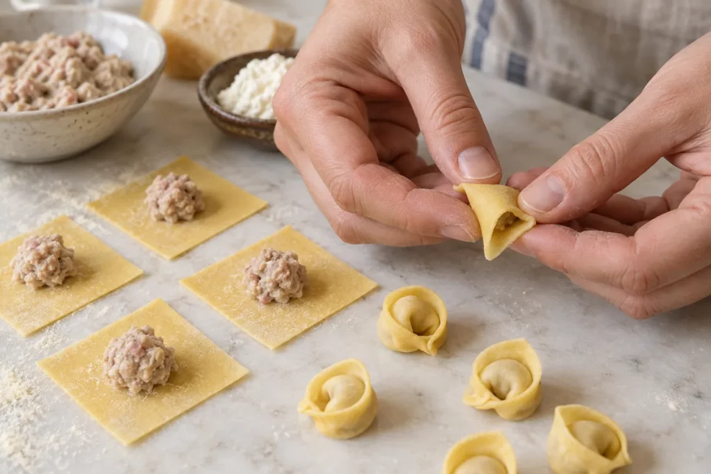 Geste pour Tortellini au veau et au jambon, en bouillon Geste pour Tortellini au veau et au jambon, en bouillon — illustration