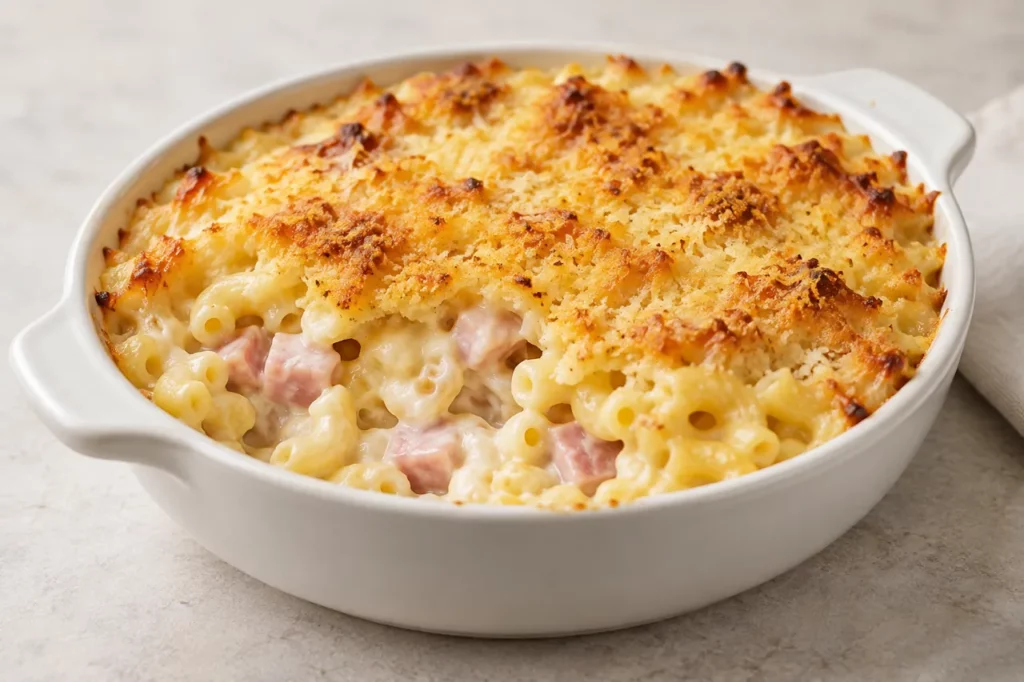 Gratin de coquillettes courtes au jambon et à la béchamel Gratin de coquillettes courtes au jambon et à la béchamel — illustration