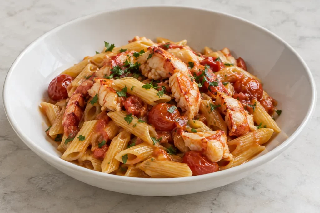 Penne au homard et aux tomates cerises Penne au homard et aux tomates cerises — illustration