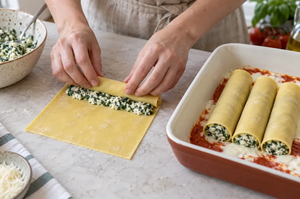 Montage pour Cannelloni à la ricotta et aux épinards Montage pour Cannelloni à la ricotta et aux épinards — illustration