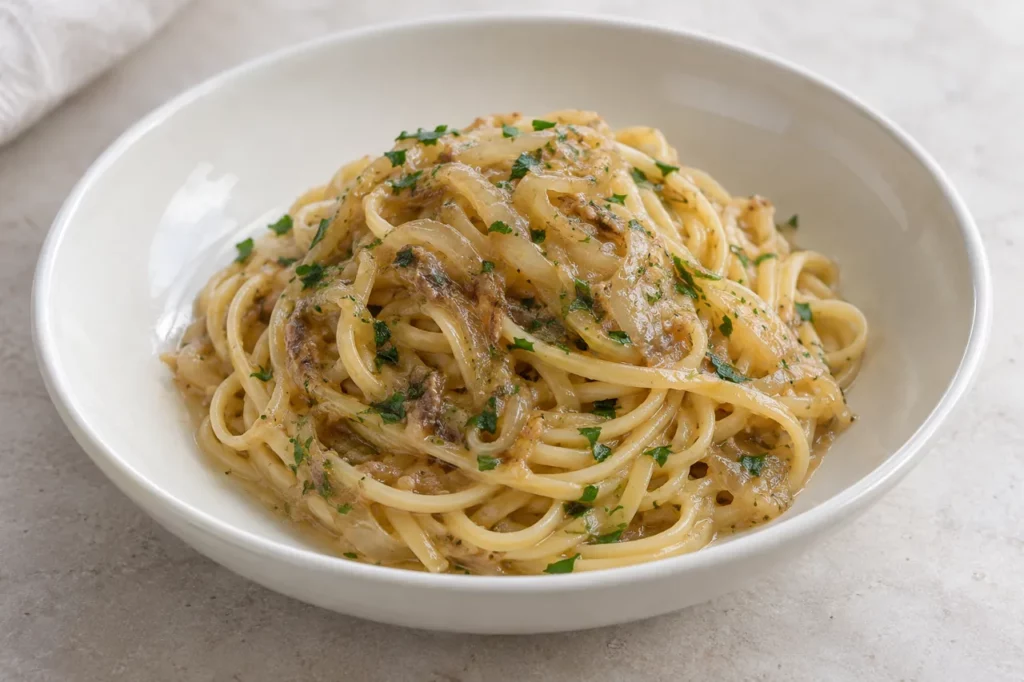 Linguine aux oignons fondants et aux anchois Linguine aux oignons fondants et aux anchois — illustration