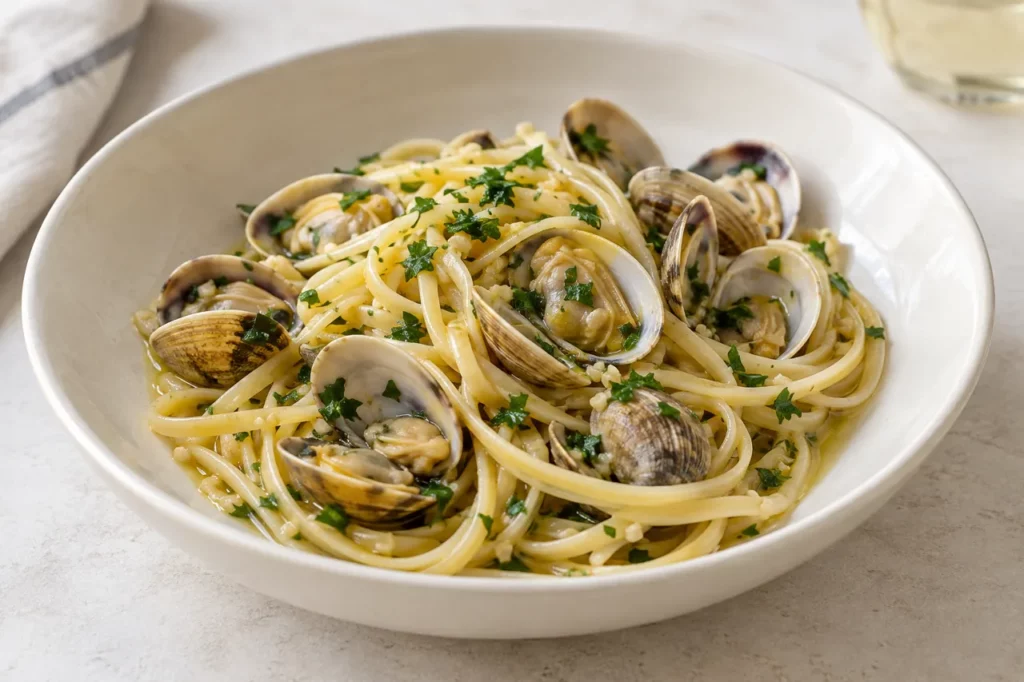 Linguine aux palourdes, ail et vin blanc Linguine aux palourdes, ail et vin blanc — illustration