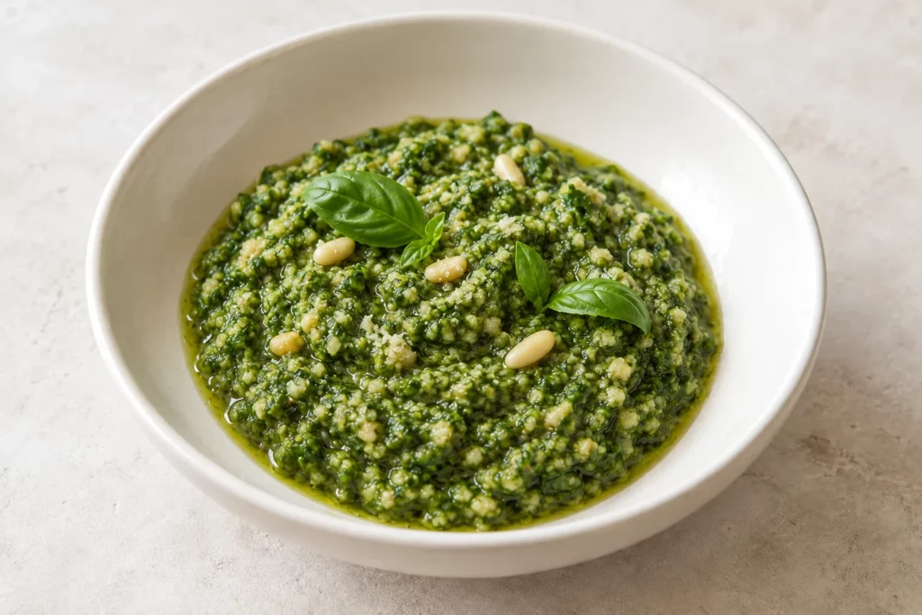 Pesto génois au basilic dans un bol blanc — illustration