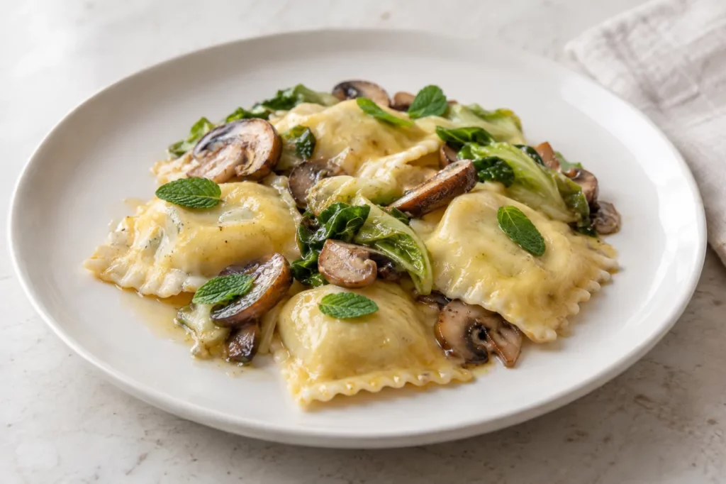Raviolis à la ricotta, champignons et menthe Raviolis à la ricotta, champignons et menthe — illustration