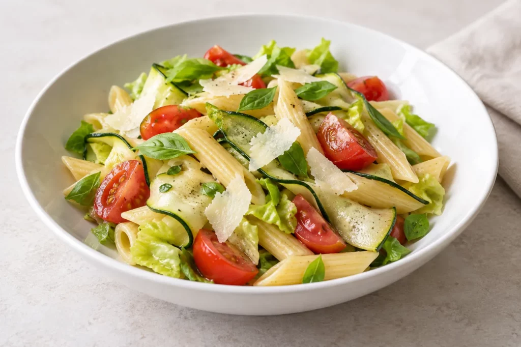 Salade de penne, tomates cerises et courgettes Salade de penne, tomates cerises et courgettes — illustration