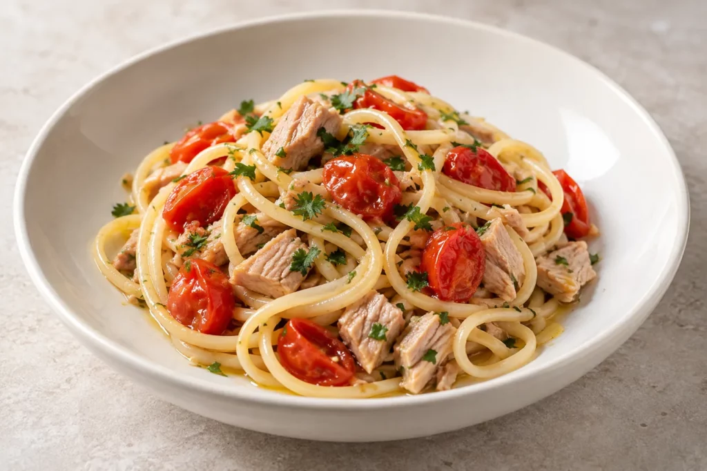 Linguine au thon frais et aux tomates cerises Linguine au thon frais et aux tomates cerises — illustration
