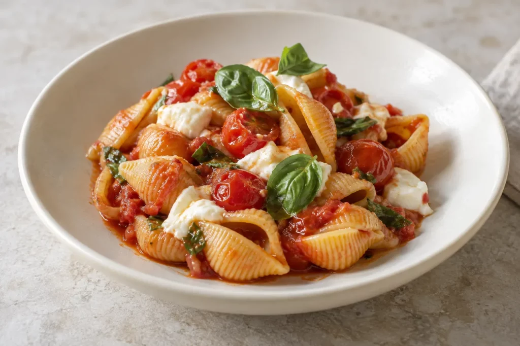 Conchiglie aux tomates cerises et à la mozzarella Conchiglie aux tomates cerises et à la mozzarella — illustration