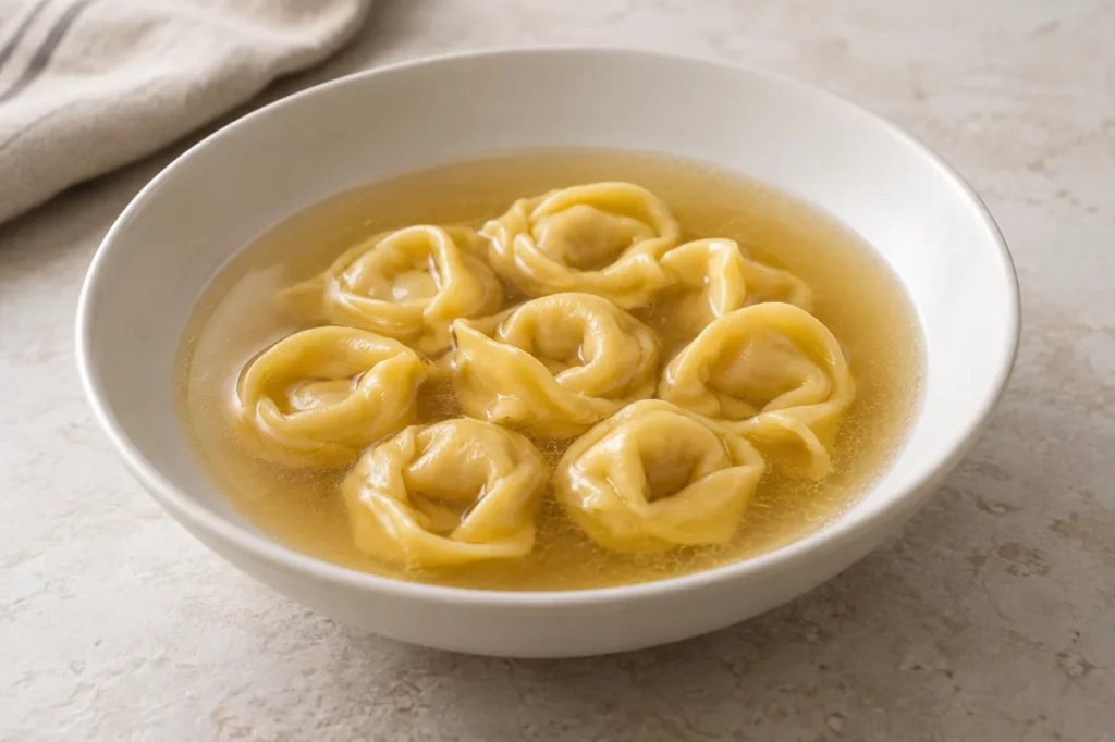 Tortellini au veau et au jambon, en bouillon Tortellini au veau et au jambon, en bouillon — illustration