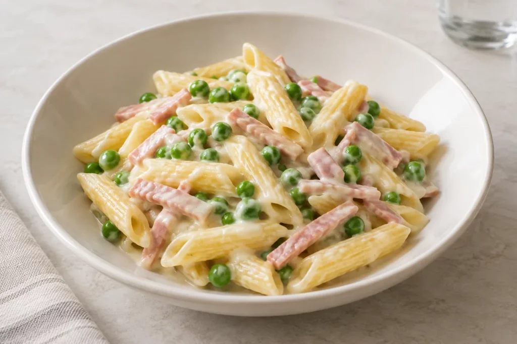 Penne aux petits pois, jambon et crème Penne aux petits pois, jambon et crème — illustration
